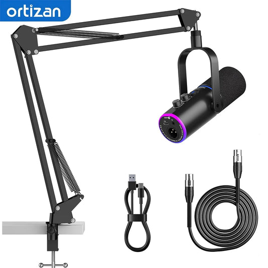 Ortizan XLR/USB Dynamic Microphone — RGB, Mute Button, Boom Arm, Noise Cancellation