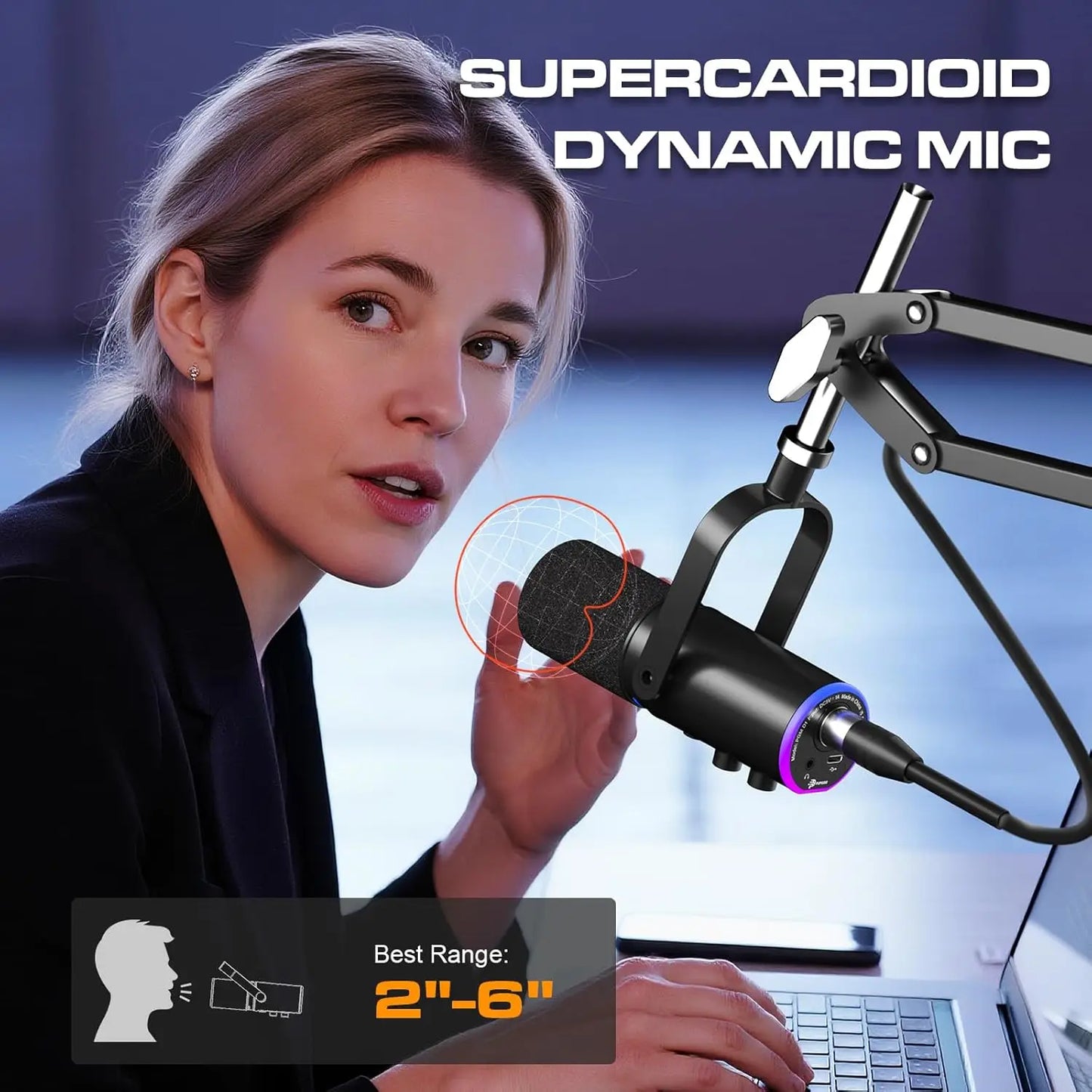 Ortizan XLR/USB Dynamic Microphone — RGB, Mute Button, Boom Arm, Noise Cancellation