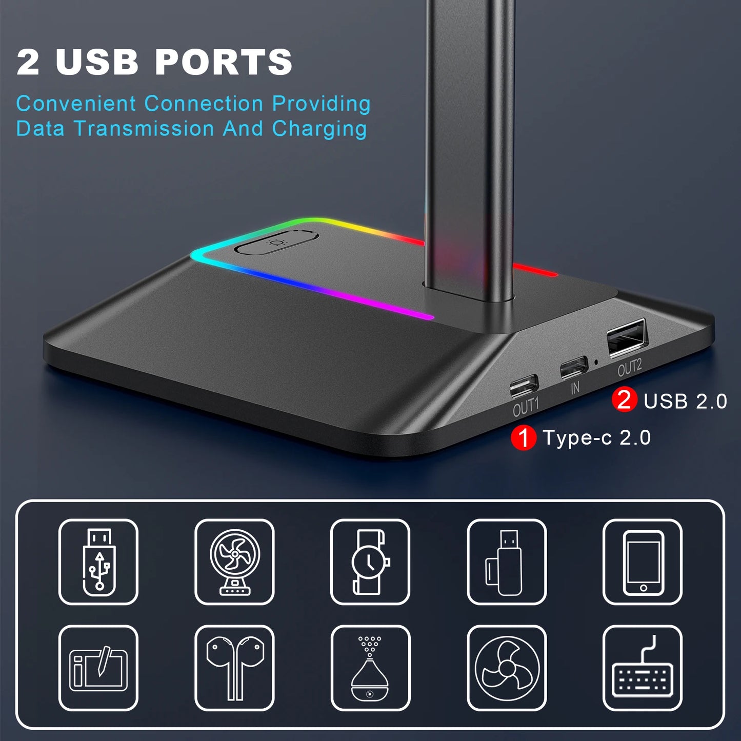 NexusVault RGB Headset Stand — USB Hub, 7 Light Modes, Metal Build
