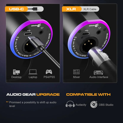 Ortizan XLR/USB Dynamic Microphone — RGB, Mute Button, Boom Arm, Noise Cancellation