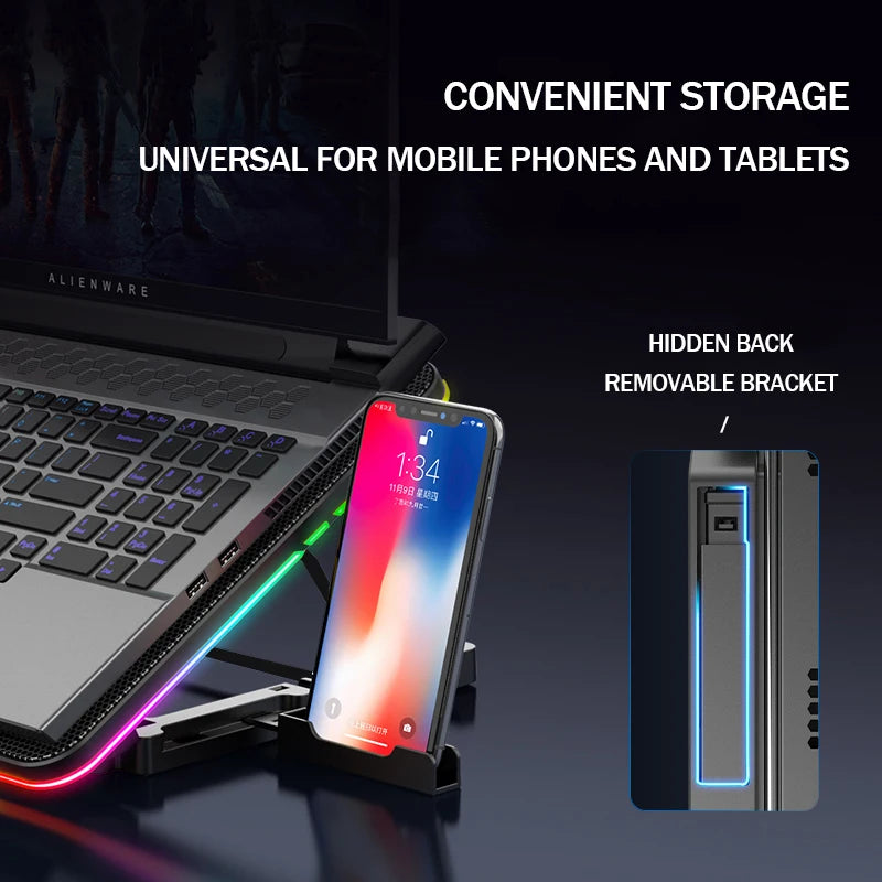NexusVault RGB Laptop Cooling Pad — 6 Fans, 7 Angles, Phone Holder, 12–17"