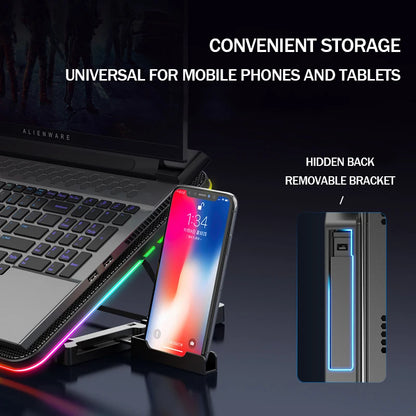 NexusVault RGB Laptop Cooling Pad — 6 Fans, 7 Angles, Phone Holder, 12–17"