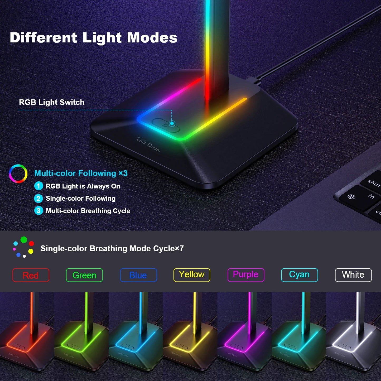 NexusVault RGB Headset Stand — USB Hub, 7 Light Modes, Metal Build