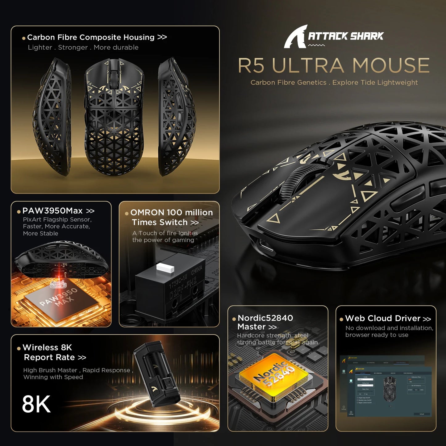 Attack Shark R5 Ultra — 39g Carbon Fiber 8K Wireless Gaming Mouse