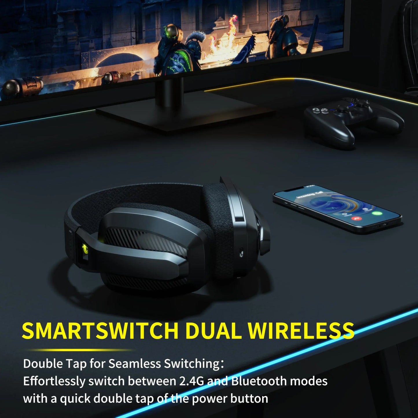 BINNUNE Dual-Mode Wireless Gaming Headset — 2.4GHz & Bluetooth, 48Hr Battery