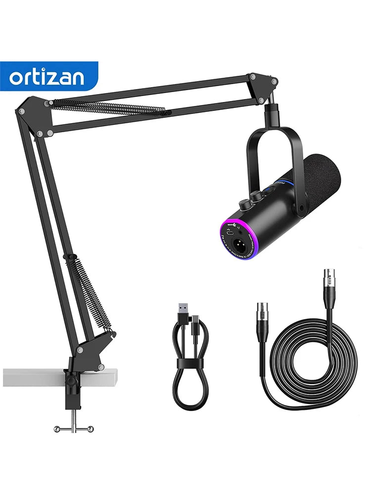 Ortizan XLR/USB Dynamic Microphone — RGB, Mute Button, Boom Arm, Noise Cancellation